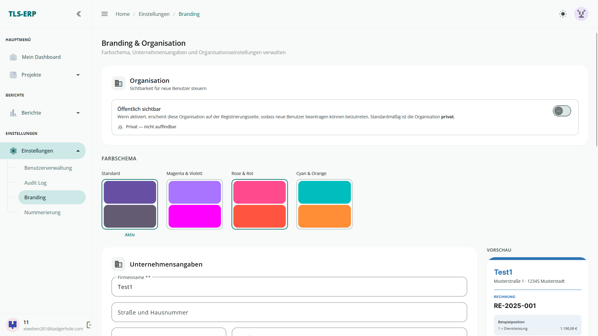 Branding – Farbschema und Unternehmensangaben