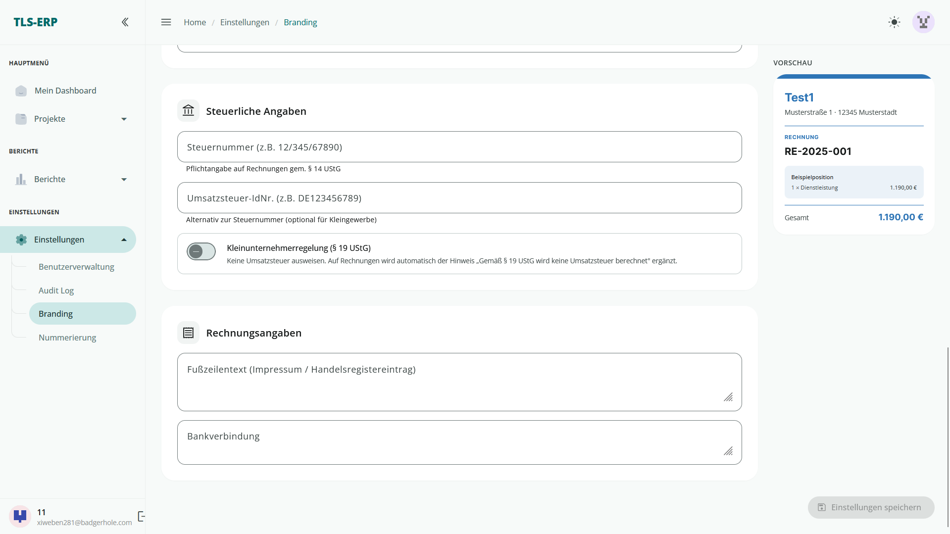 Branding – Steuerliche Angaben und Rechnungsangaben